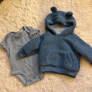 Cozy Blue Teddy Hoodie & Striped Bodysuit Set